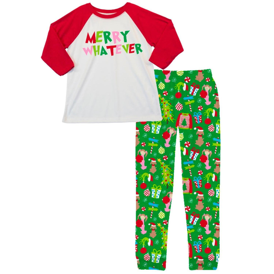 Merry Whatever long-sleeve raglan shirt and matching holiday print jogger pants set.