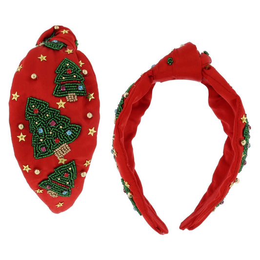 The Multi Crystal and Beaded Christmas Trees on Knotted Red Headband features a red band adorned with green beaded trees, gold stars, and small beads. Available in one size.