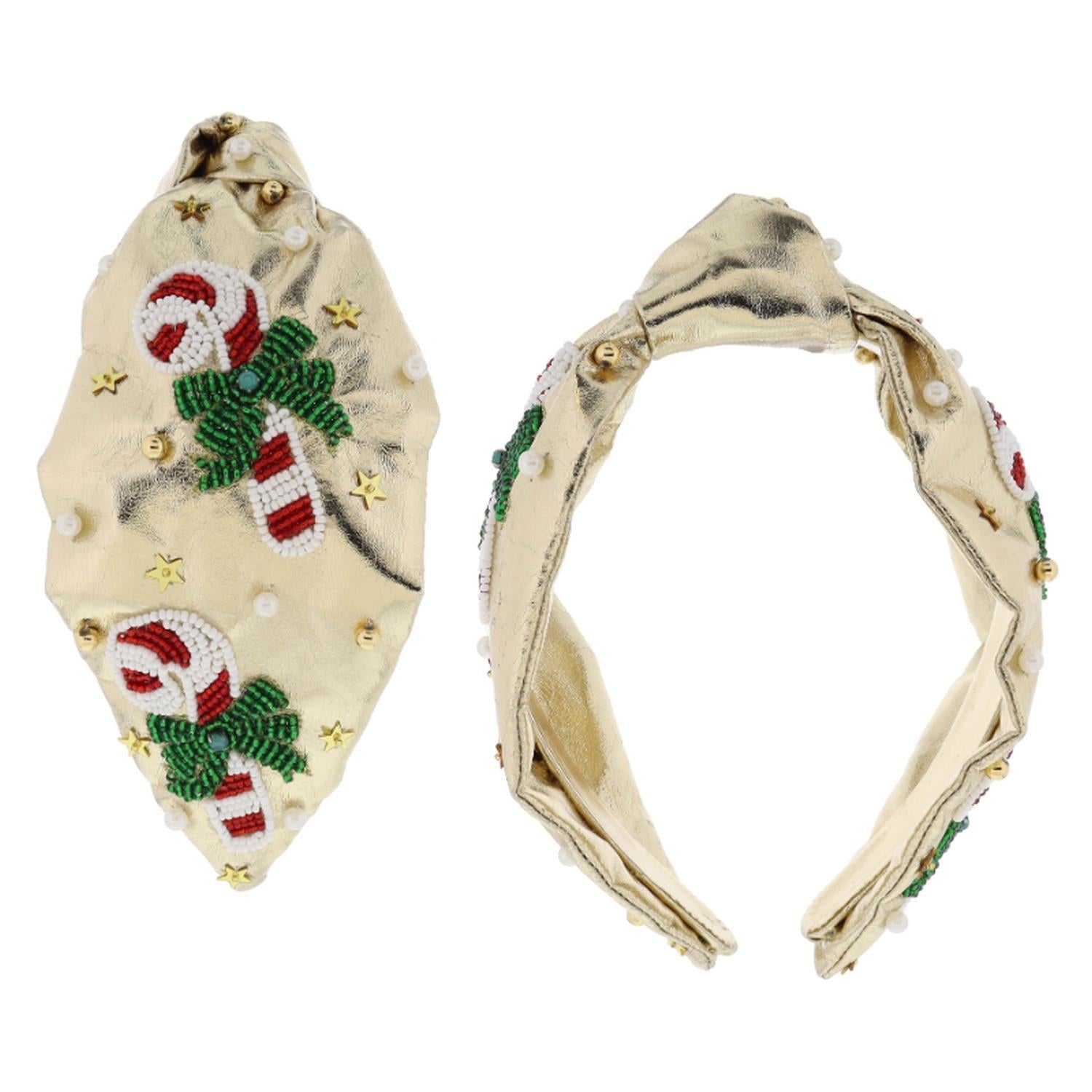 Golden knotted headbands featuring beaded candy cane motifs, green bow accents, gold star sequins, and pearl beads. Available in one-size fits most. Ideal festive accessories for holiday attire.