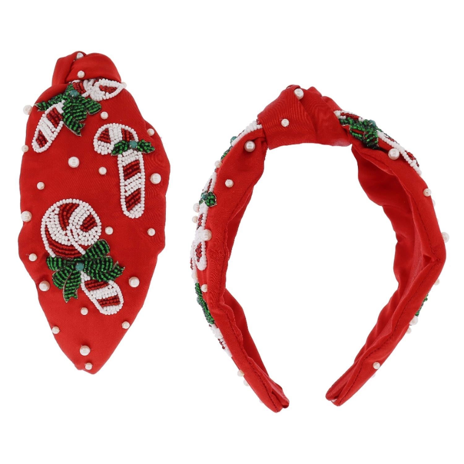 Two red headbands featuring beaded candy canes with green bows and holly leaves adorned with pearl beads. Available in one size.