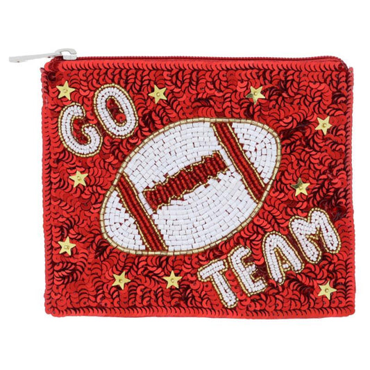 The Game Day Sequin Coin Purse: Small rectangular red clutch, sequins, central beaded football image, "GO TEAM" in white and gold beads, gold sequin stars. Available size: One Size.