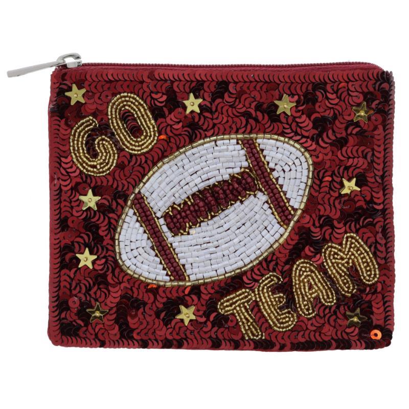 **Product:** Game Day Sequin Coin Purse

**Description:** Small red coin purse adorned with sequins and beads. Features a beaded football design, "GO TEAM" in gold beads, and gold star embellishments. Background covered in red and black sequins.

**Sizes Available:** One Size