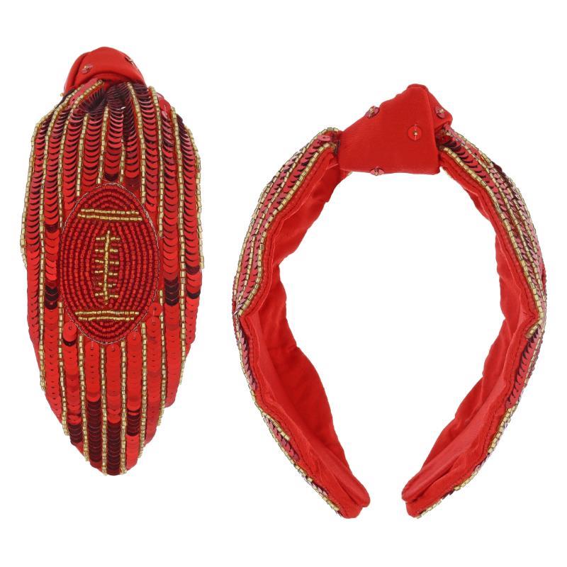 Game Day Stripes & Sequins Football Knotted Headband: Intricate beadwork with central oval design and patterns. Smooth fabric-covered inner side with edge beads. Available in one size.