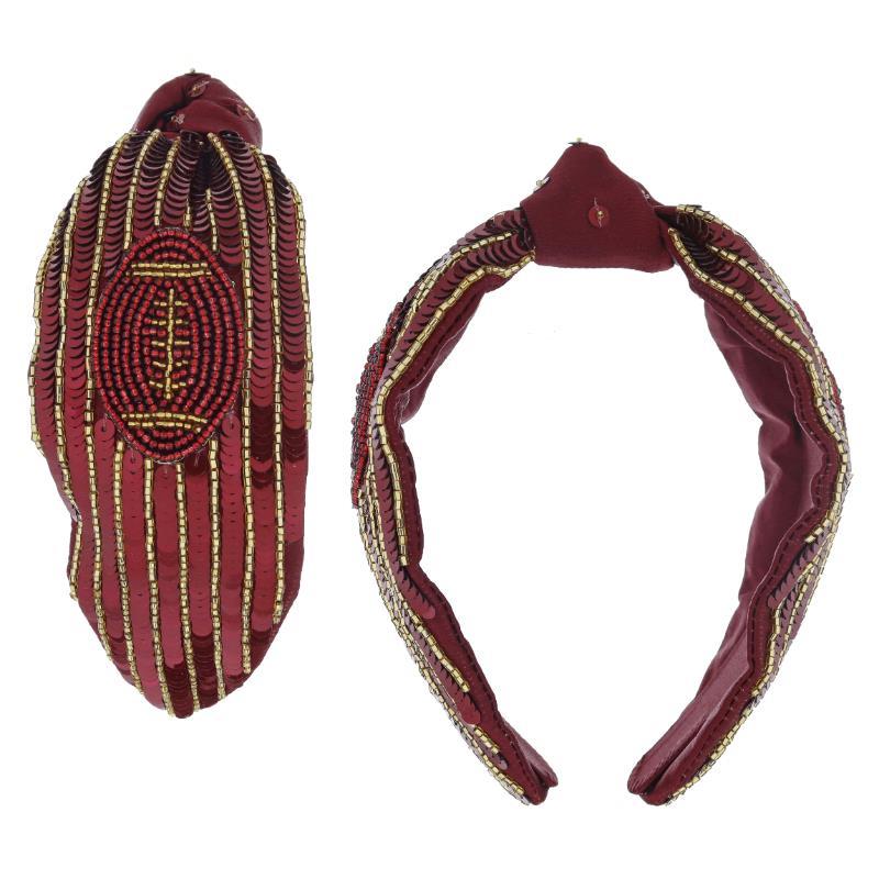 Maroon "Game Day Stripes & Sequins Football Knotted Headband" with intricate golden beadwork and patterns. Sizes: One size fits all.