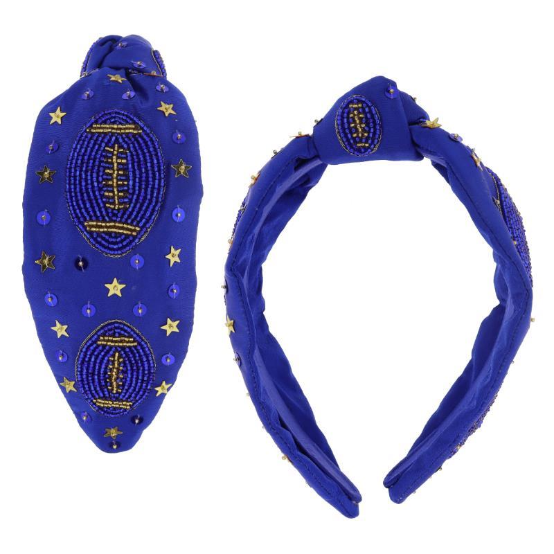 The Game Day Stripes & Sequins Football Knotted Headband features intricate beadwork in gold and blue with a football design, sequins, and star-shaped accents. Available Size: One Size.