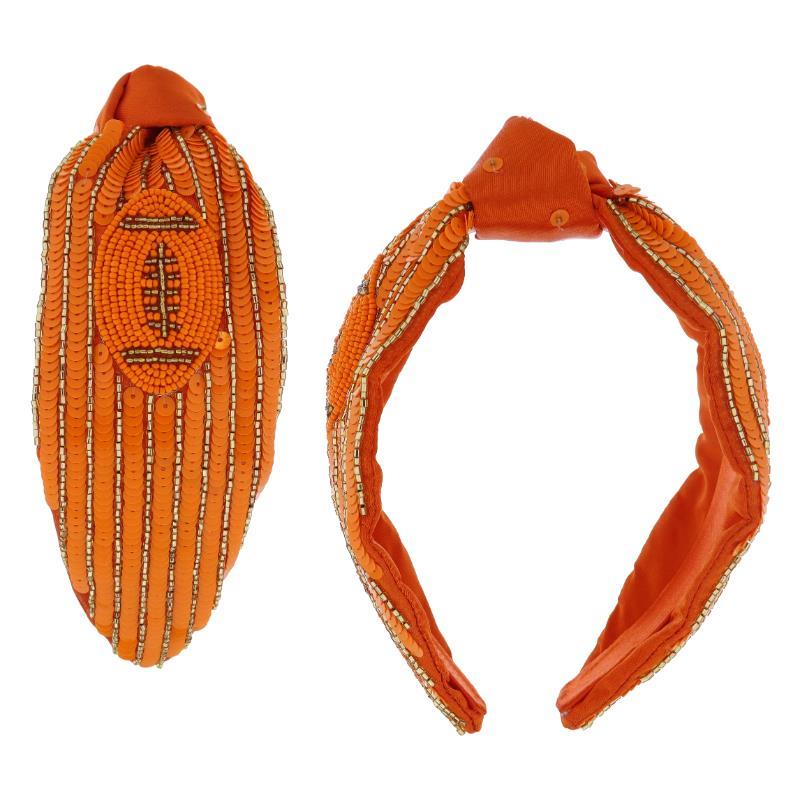 **Game Day Stripes &amp; Sequins Football Knotted Headbands**
- Perfect for school spirit.
- Features intricate beadwork with parallel lines and a central patterned oval design on one headband.
- The second headband showcases structure and beaded embellishments.
- Sizes: One size fits most.