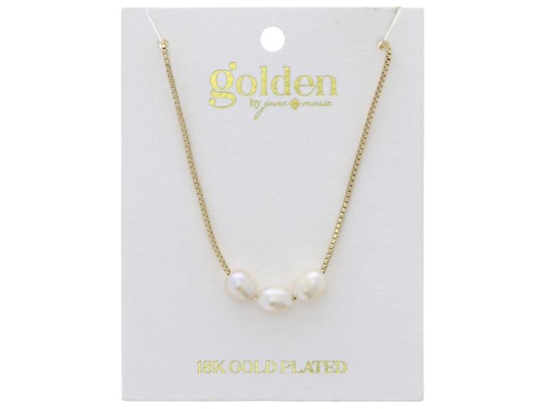 Gold-plated necklace with three natural pearls. Displayed on white packaging with "golden by grace & heart" and "18K GOLD PLATED" in gold lettering. Available sizes: one size fits all.