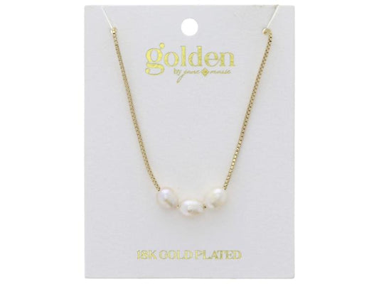 Gold-plated necklace with three natural pearls. Displayed on white packaging with "golden by grace & heart" and "18K GOLD PLATED" in gold lettering. Available sizes: one size fits all.