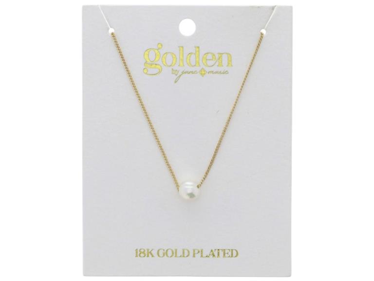 18K gold plated petite curb chain necklace with a natural pearl bead pendant. Available in sizes: 15", 16", and 18".