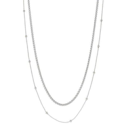 18K white gold-plated minimalist wheat and satellite chain necklace with layered design. Features two thin chains measuring 16 and 18 inches, adorned with small metal beads. Elegant and sophisticated touch.