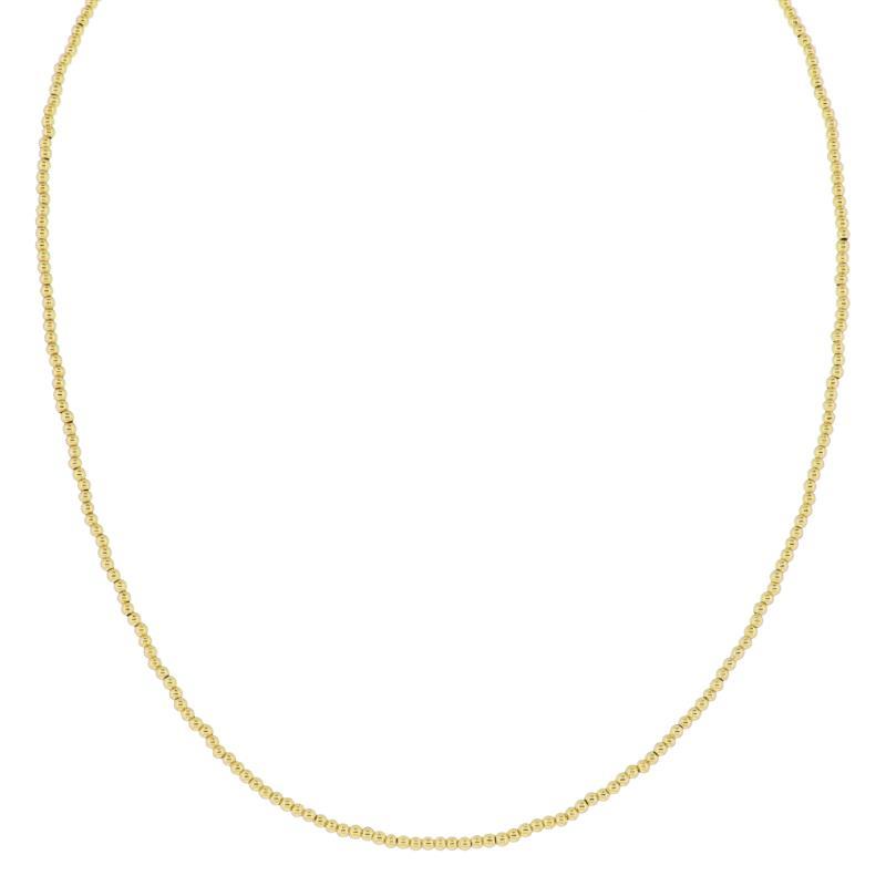 Discover the elegance of My Golden Chain! 18K Gold Plated X-Small Gold Ball Beaded Strand Necklace, featuring a delicate design with small, closely linked circular loops that create a thin and refined appearance. Available sizes: X-Small.