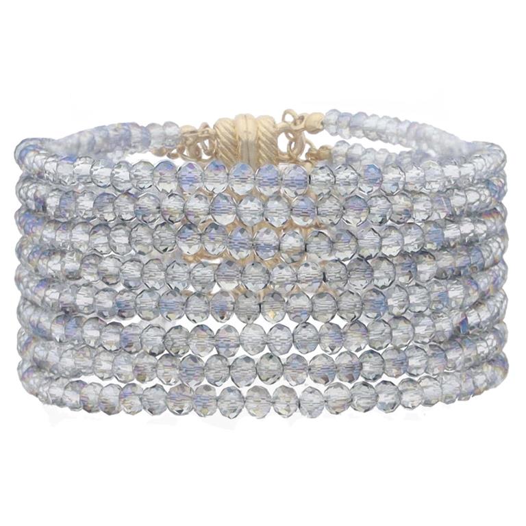 8 Strand Mini Faceted Beaded Bracelet with clear iridescent beads, light magnetic clasp; available in S, M, L.