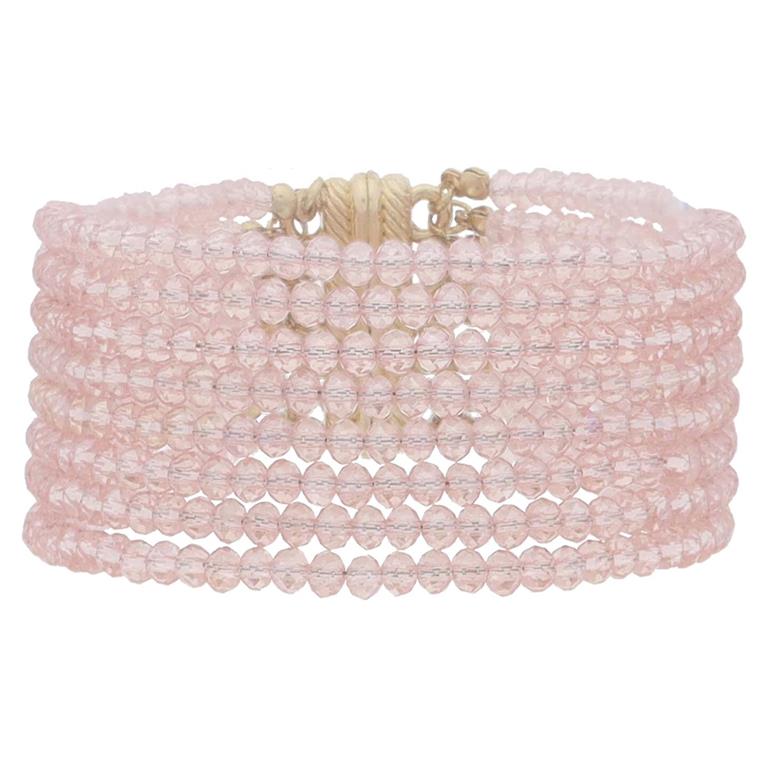 8 Strand Mini Faceted Beaded Bracelet with small translucent pale pink beads, gold clasp, magnetic closure. Sizes: S, M, L.