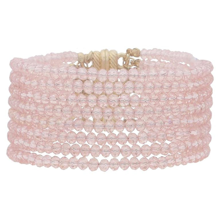 8 Strand Mini Faceted Beaded Bracelet with small translucent pale pink beads, gold clasp, magnetic closure. Sizes: S, M, L.