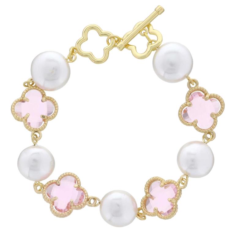 This elegant bracelet is composed of gold-plated alternating coin pearls and clovers. It is secured using a toggle clasp. Size options for this product are not specified.