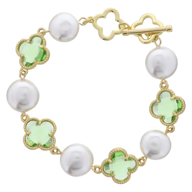 This product is a Gold Plated Alternating Coin Pearls and Clovers Bracelet. It features large white pearls and green gemstones, which are set in gold clover shapes. The bracelet is secured with a toggle clasp for easy on/off operation. It carries an aura of timeless jewelry elegance. Available only as One Size Fits All.