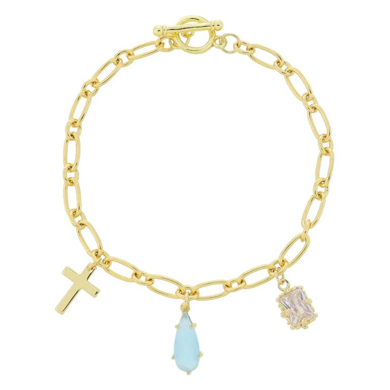 This product is an 18K Gold Plated Bracelet, featuring a classy cross and teardrop crystal pendant. The bracelet comes with a secure toggle clasp for easy fastening. Its standout design is further emphasized by its quality gold plating and it's adaptable to fit varying wrist sizes comfortably.