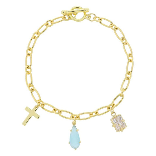 This product is an 18K Gold Plated Bracelet, featuring a classy cross and teardrop crystal pendant. The bracelet comes with a secure toggle clasp for easy fastening. Its standout design is further emphasized by its quality gold plating and it's adaptable to fit varying wrist sizes comfortably.