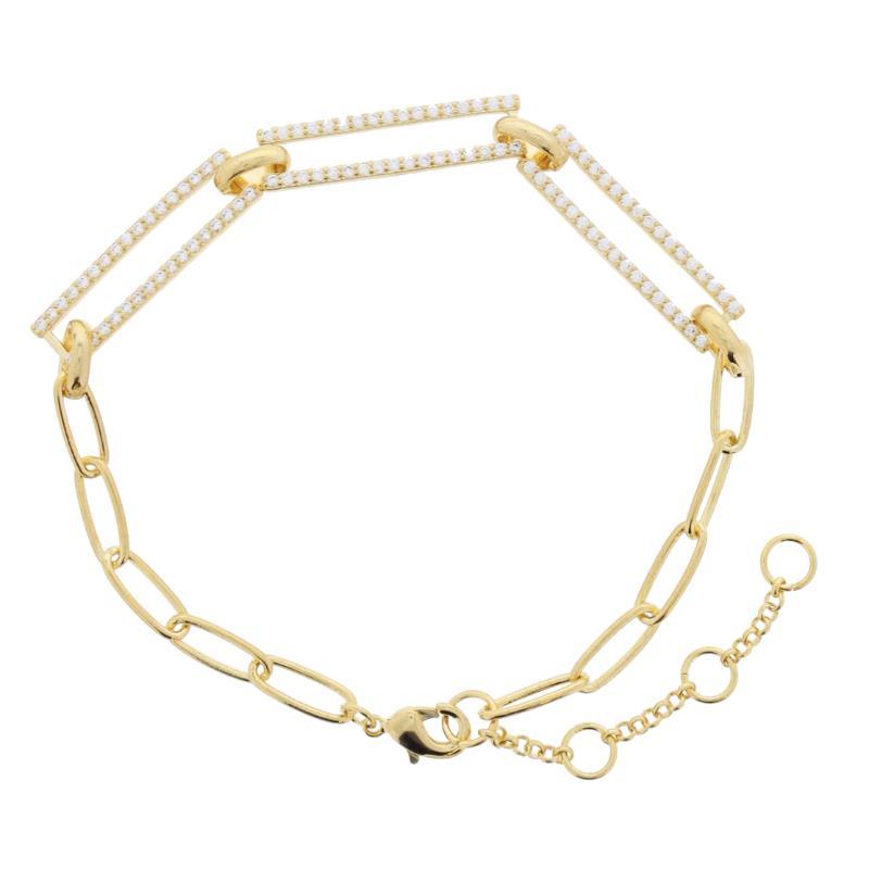 18K Gold Plated Paperclip Chain with Long Pave Rectangle Links Bracelet