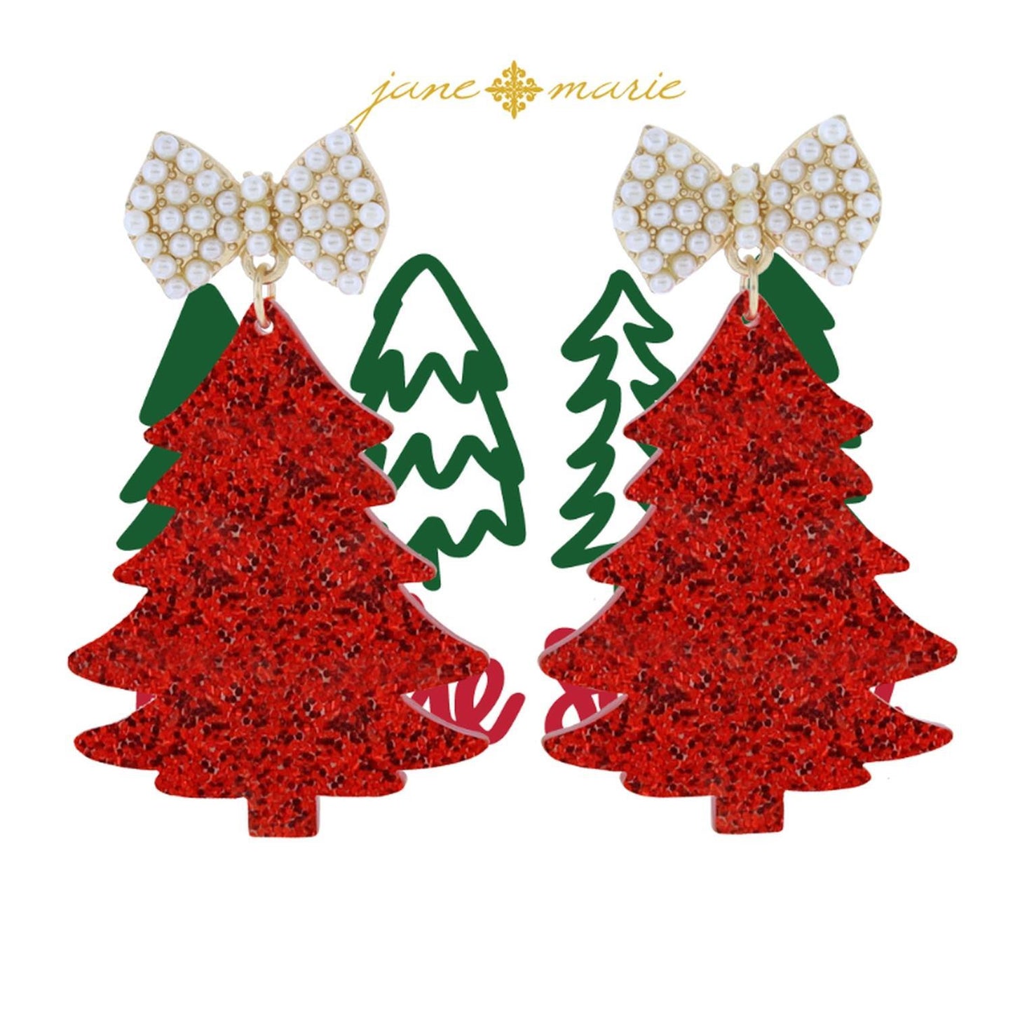 The Mini Pearl Pave Bow Post with Red Glitter Resin Tree Earrings feature pearl-studded bows and sparkling red glitter resin trees. Sizes available: One size.