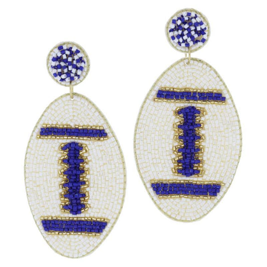 Beaded Post with Gold Beaded Football Earrings:
- School spirit jewelry for game day
- White and blue beads
- Oval-shaped dangles with bead stripes and stitching details
- Circular tops with matching blue and white patterns
- Sizes available: One size fits all