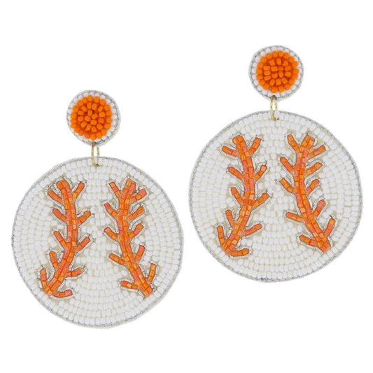 Orange Beaded Post with White and Orange Beaded Baseball Earrings feature round beaded designs with vivid orange branch-like patterns on a white backdrop. A smaller orange beaded post at the top connects to a larger beaded circle adorned with branch motifs, making them ideal for adding a splash of color to your game day outfit. Available in one size.