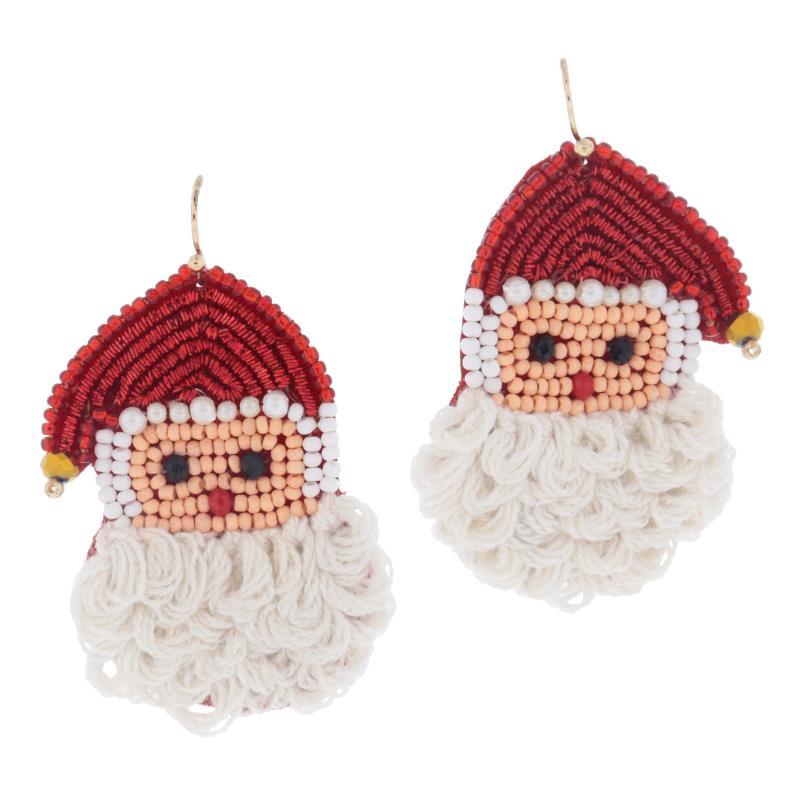 Multi Seed Beaded Santa Head Earrings: Circular beaded faces, red sequin hats, white thread beards. Lightweight. Sizes available: One size.