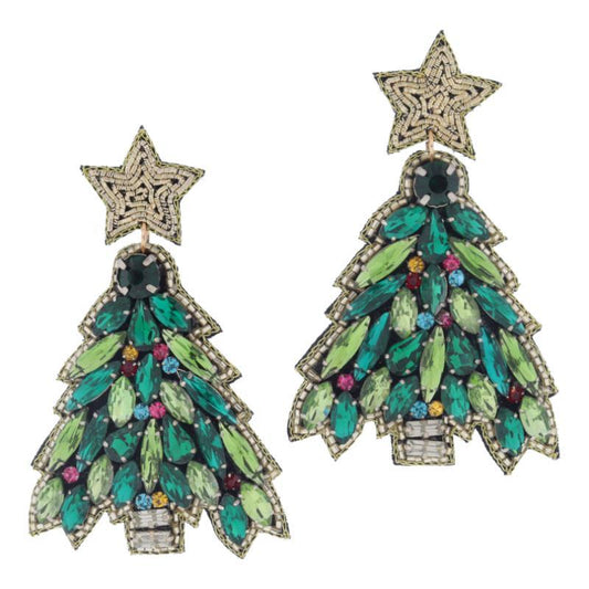 Gold star post earrings with green crystal Christmas trees, accented by multi-colored mini crystals. Available sizes: One size.