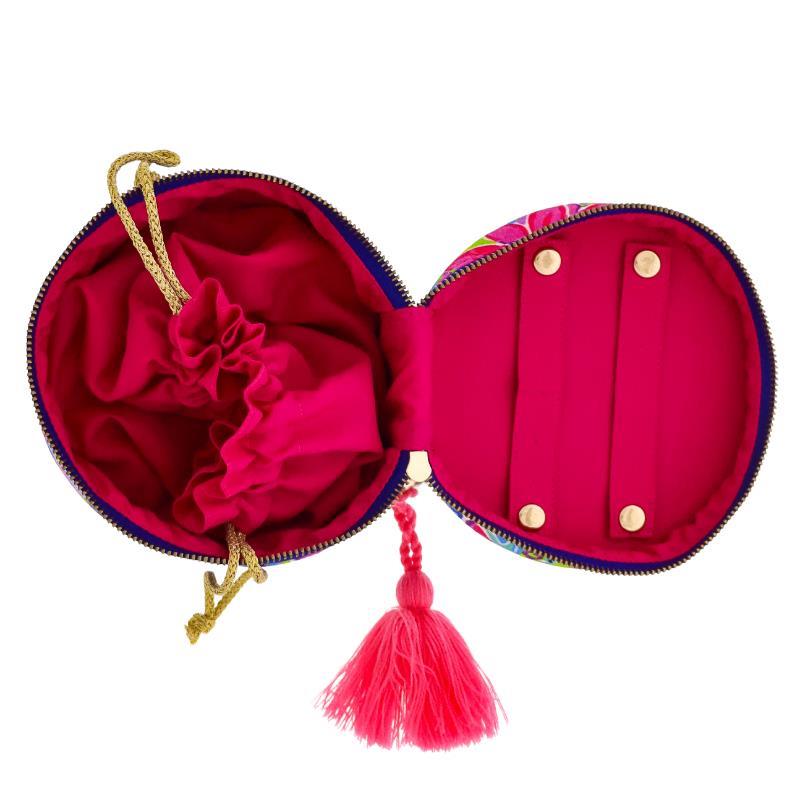Round Viscose Velvet Jewelry Case with bright pink interior, gold drawstrings, tassel, ring slots. Available in one size.