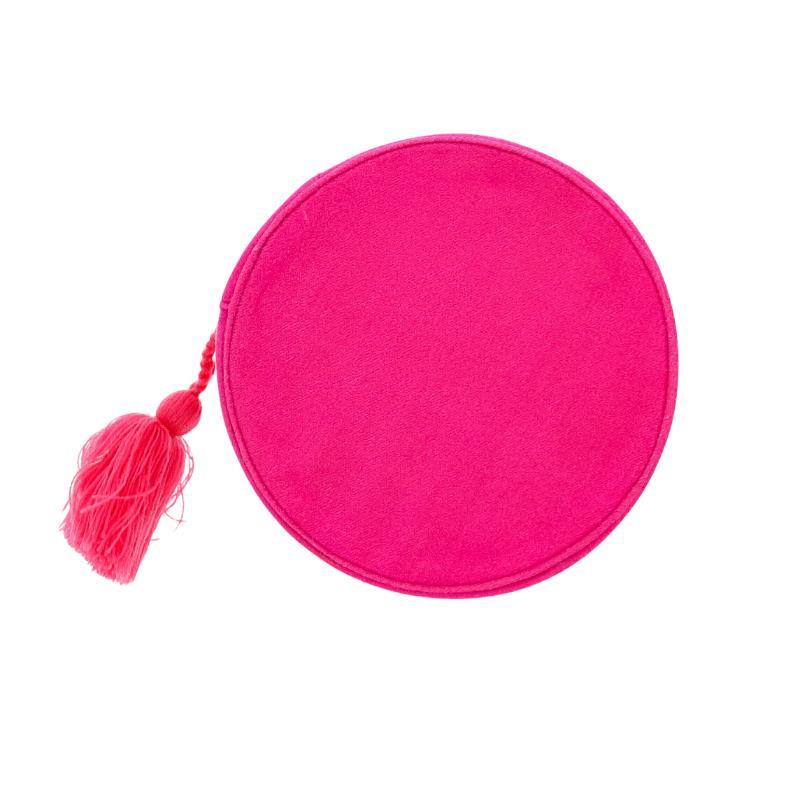 Bright pink round viscose velvet jewelry case with braided tassel. Available sizes: small, medium, large.