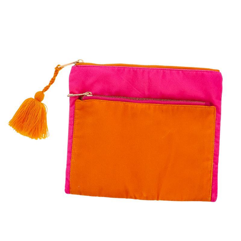 Orange &amp; hot pink dual zipper pouch with gold zippers, orange tassel; available in small and large sizes.