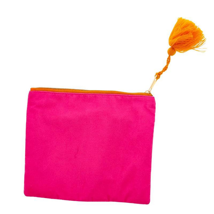 Orange &amp; hot pink dual zipper pouch, bold colors, two zippers; available in small, medium, and large sizes.