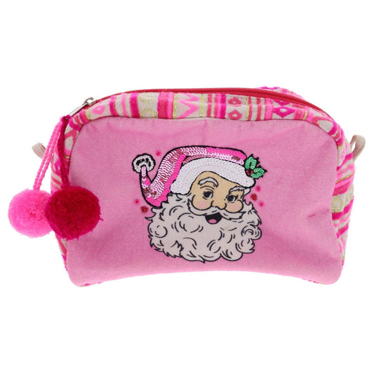 The Pinkmas Multi-Purpose Zipper Pouches feature a Santa Claus illustration with a glittering hat, pink and white stripes, and red and pink pom-poms. Sizes available: Small, Medium, Large.