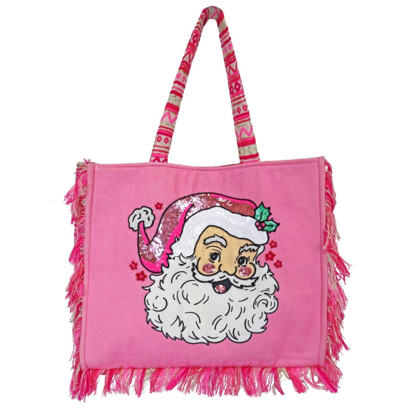 Tickled Pink Santa Tote: A soft cotton tote with a sequined Santa face, fringed edges, and a pink patterned handle. Available size: One Size.