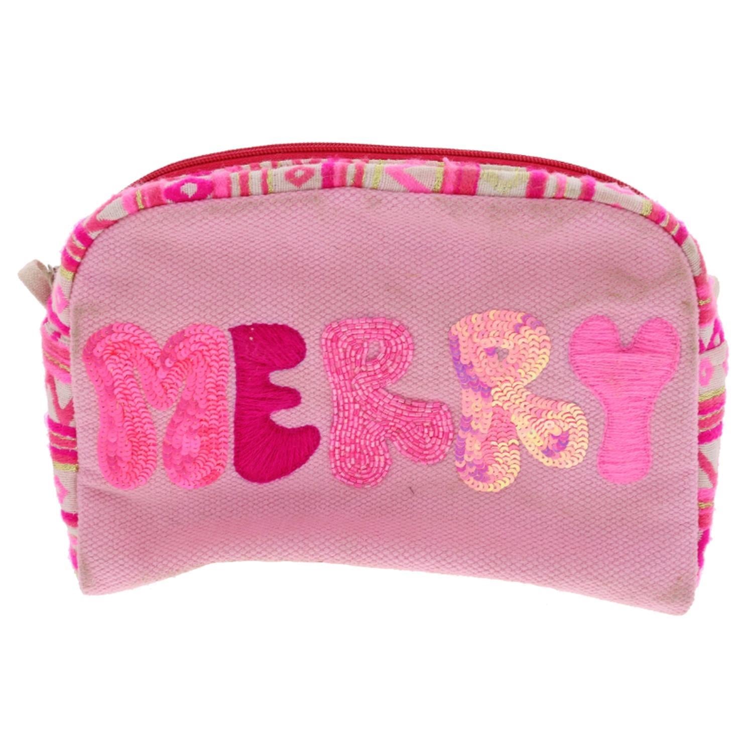 The Pinkmas Multi-Purpose Zipper Pouch features colorful "MERRY" embroidery in red and pink, with a festive patterned trim in pink, white, and beige. Available sizes: one size.