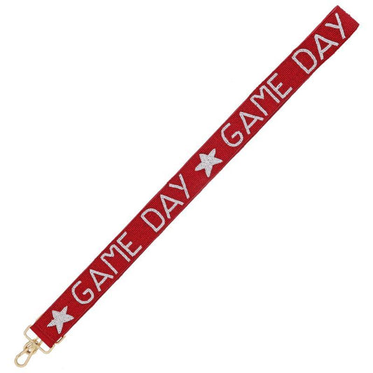 Game Day Beaded Purse Strap in red with "GAME DAY" and white stars in white text, gold-colored clasp. Available sizes: One Size