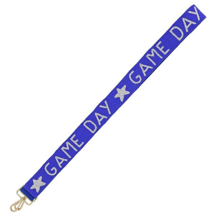 The Game Day Beaded Purse Strap features a vibrant blue lanyard with white "Game Day" text and a star symbol. Includes metal clip for attaching items. Sizes available: One size.