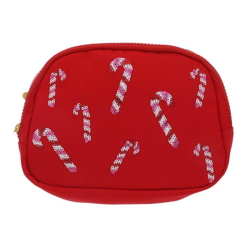 The Festive Holiday Belt Bag features shimmering candy cane patterns crafted from sequins, adding whimsical charm to any outfit. Available sizes: One size fits all.