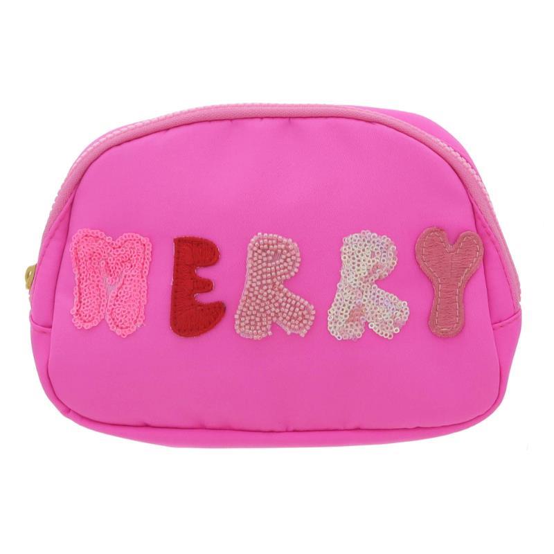 The Festive Holiday Belt Bag is a vibrant pink bag with "MERRY" in colorful embroidery. Sizes: One size adjustable.