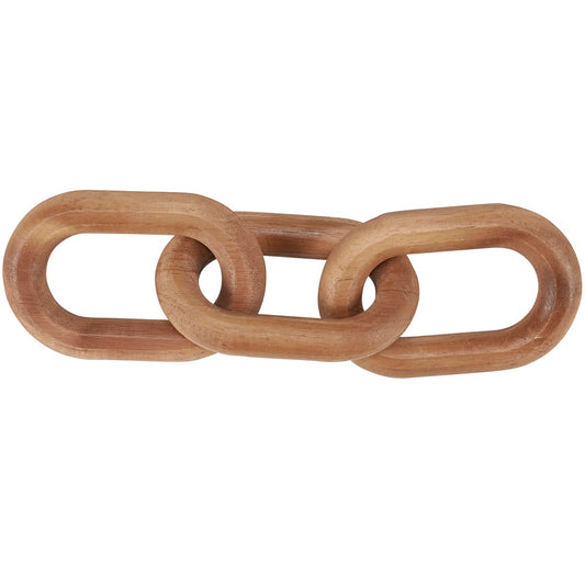 Wood chain decorative featuring three natural wood links attached to from a short chain. 