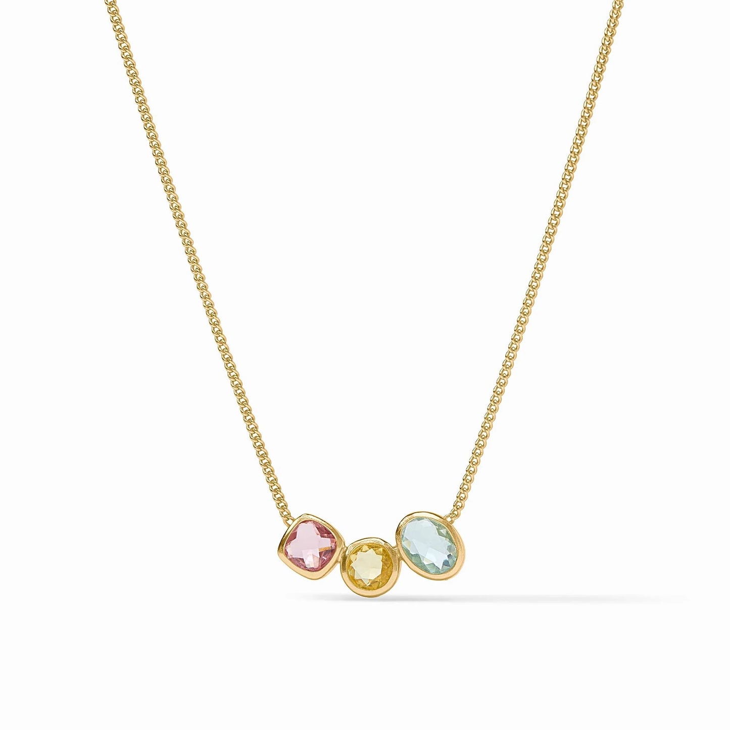 24K gold plated adjustable curb chain with pink, yellow, and light blue gems. Sizes available: adjustable length.