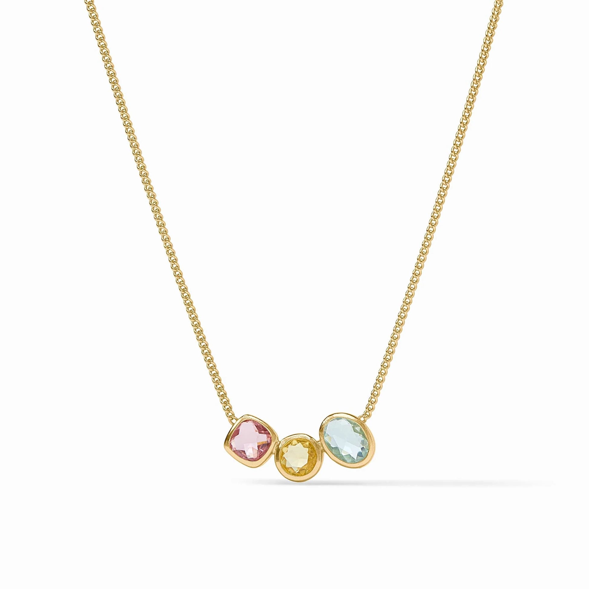 24K gold plated adjustable curb chain with pink, yellow, and light blue gems. Sizes available: adjustable length.