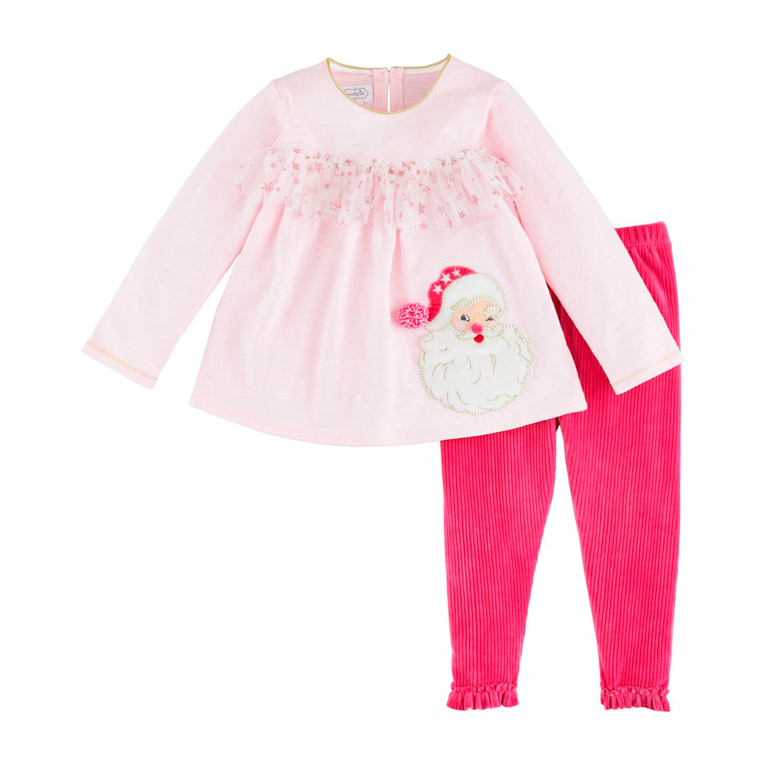 Pink Santa Tunic &amp; Leggings Set with glitter mesh ruffle neckline, Santa appliqué, and ribbed hot pink velour leggings with ruffled hems.