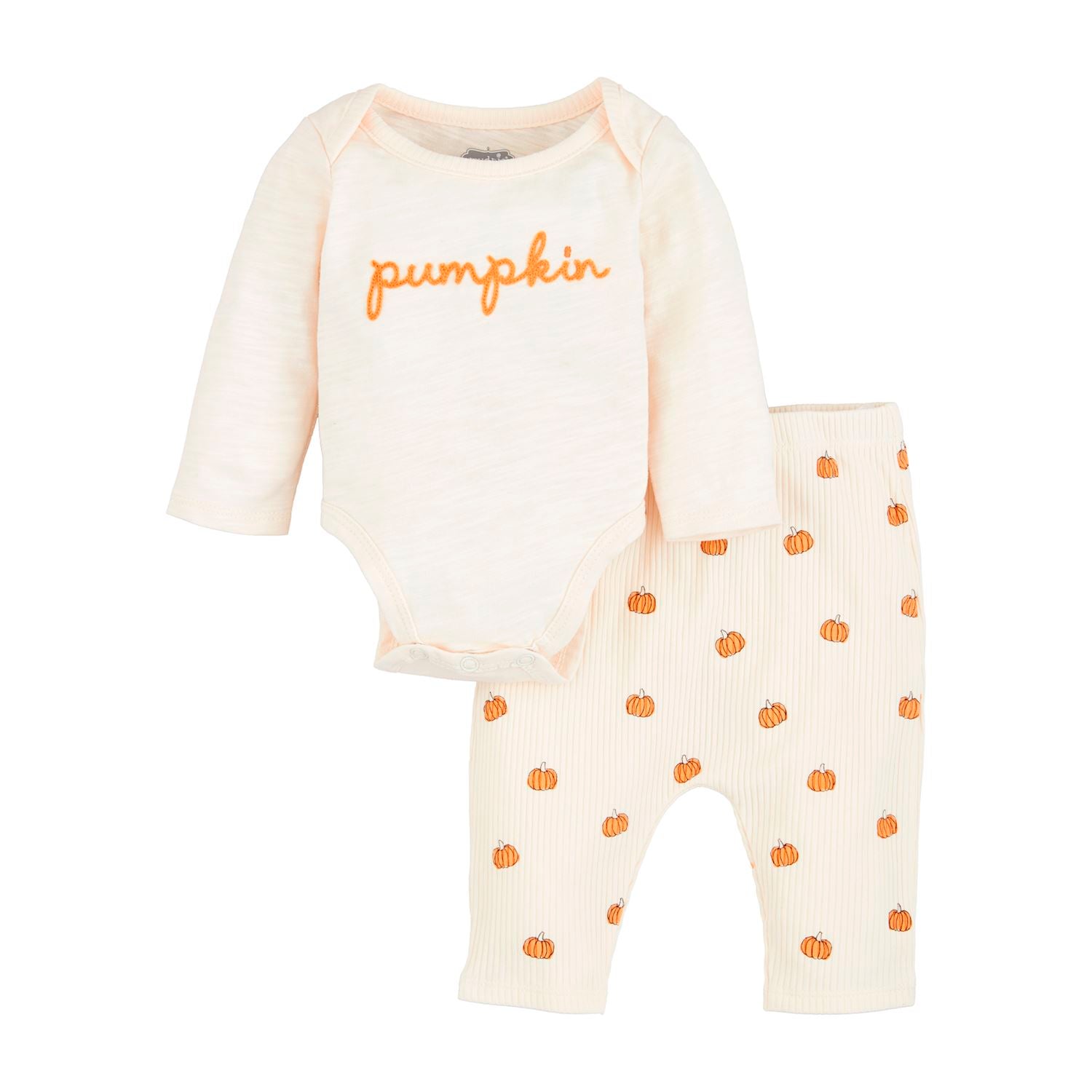 The Pumpkin Crawler Set includes a long-sleeve white onesie with "pumpkin" in orange script and pull-on cotton pants with an all-over small orange pumpkin pattern. Sizes available: 0-3M, 3-6M, 6-9M, and 9-12M.