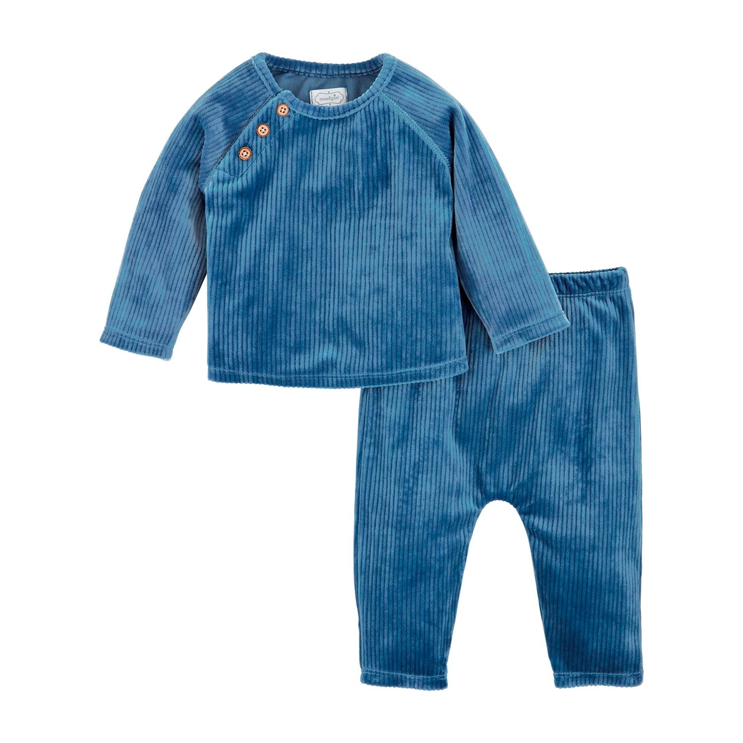 The Baby Velour Pant Set is a two-piece outfit made from soft, ribbed velour fabric. This charming set features a long-sleeve top adorned with three coconut wood buttons on the left shoulder and matching pants with an elastic waistband, ensuring both style and comfort for infants. Available sizes: Newborn, 0-3 months, 3-6 months, 6-12 months.