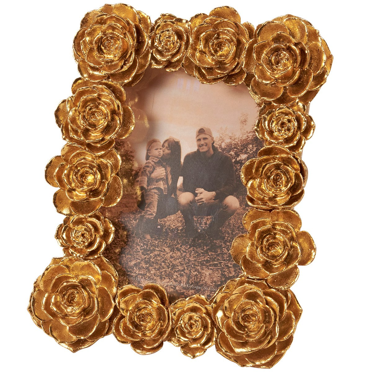 The Gold Rose Photo Frame features ornate gold-colored rose embellishments, ideal for showcasing vintage-style photos. Sizes available: 4x6, 5x7, 8x10 inches.