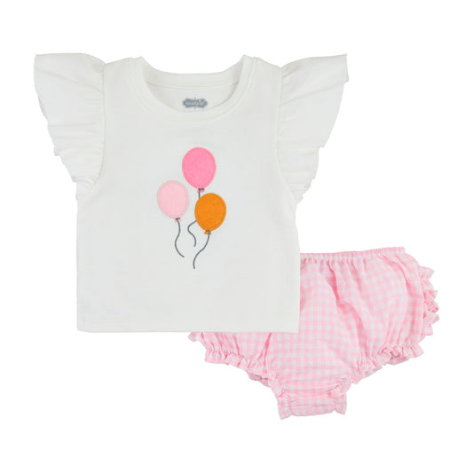 White cotton pinafore with ruffled sleeves, three colorful balloon designs, pink gingham bloomers. Sizes: NB-24M.