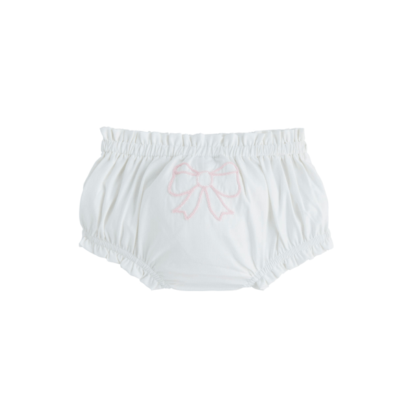 White diaper cover with elastic waist and legs, pink bow embroidered at center. Available in multiple baby sizes.