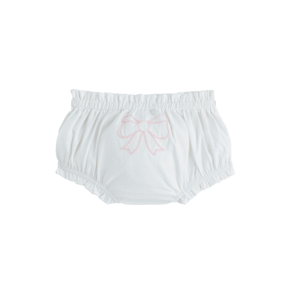 White diaper cover with elastic waist and legs, pink bow embroidered at center. Available in multiple baby sizes.