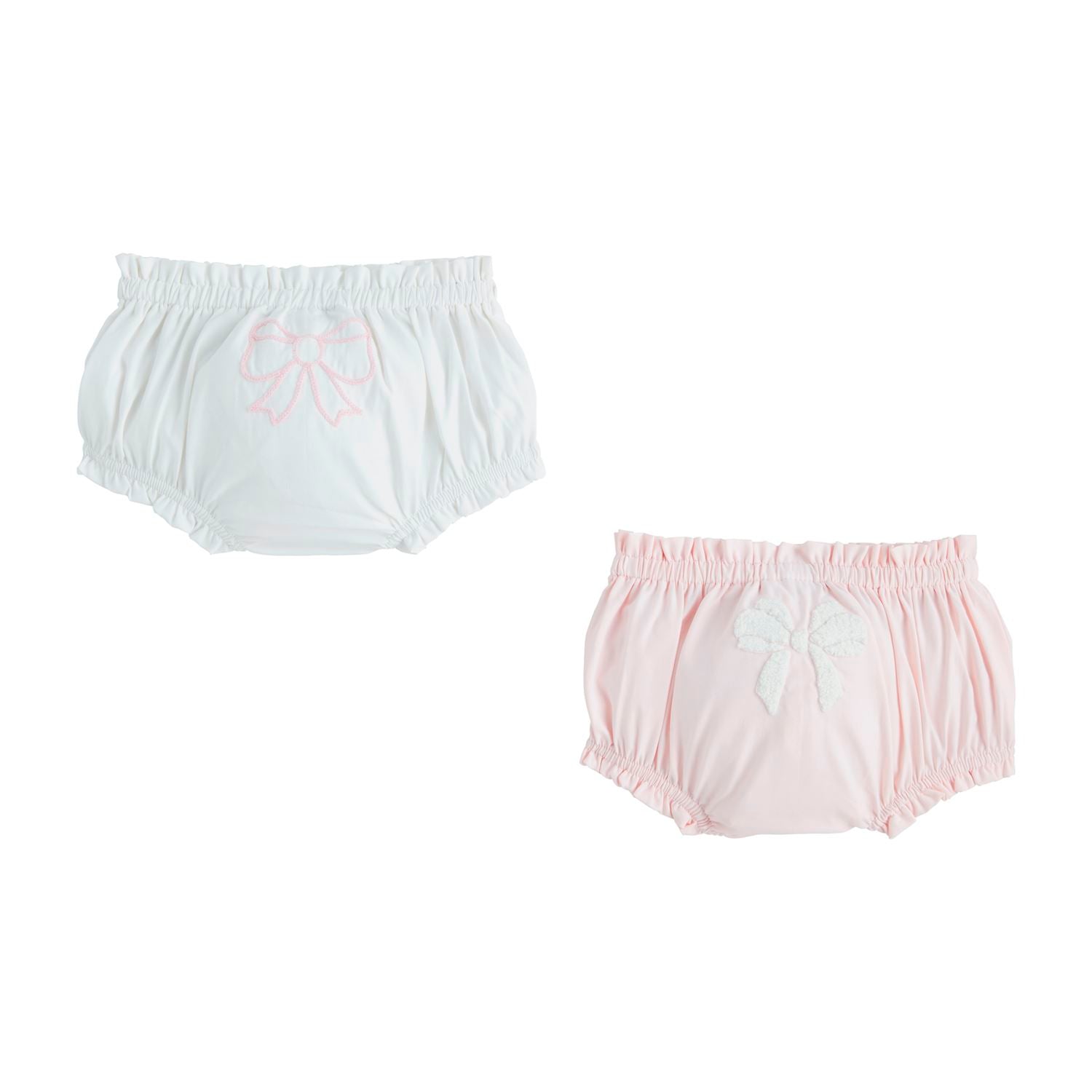 Bow Diaper Cover set: one white, one pink, each with back bow and elastic edges. Available in sizes NB, S, M, L.